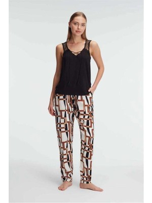 Aria's Closet Arias Closet Sıfır Kol V Yaka Viskon Geometrik Yazlık Uzun Ip Detaylı Pijama Takımı