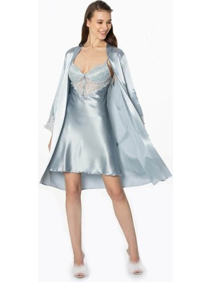 Pierre Cardin 2li Saten Kısa Gecelik Sabahlık 4300 Mist
