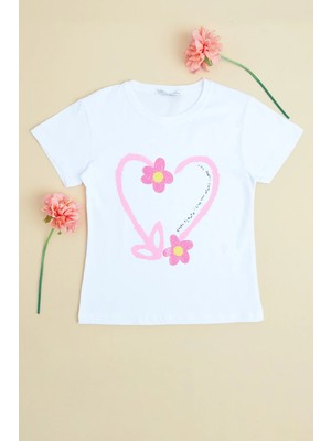 FullaModa Kalp ve Çiçek Baskılı Kız Çocuk Tişört