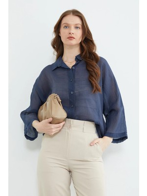 FullaModa Jakarlı Kapri Kol Transparan Gömlek