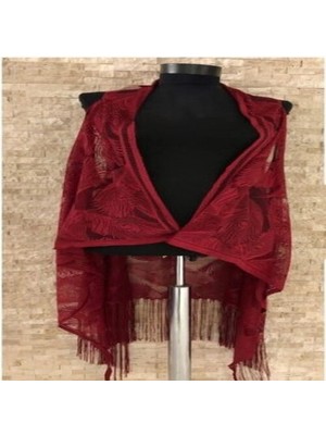 Colezium Pareo Dantel Yelek Mayo Bikini Üzeri Yaprak Desenli Püsküllü Plaj Elbisesi - Bordo