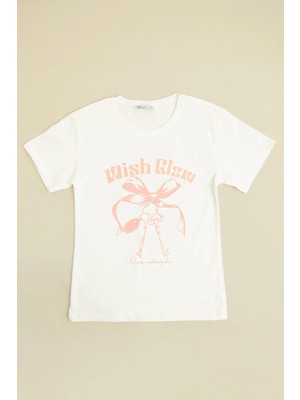 FullaModa Fiyonk ve Yazı Baskılı Kız Çocuk Tişört