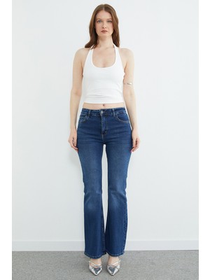 FullaModa Yüksek Bel Fermuarlı Flare Jean