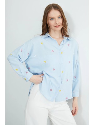 FullaModa Fiyonk Nakışlı Oversize Gömlek
