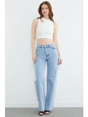 FullaModa Yıldız Nakışlı Yüksek Bel Jean