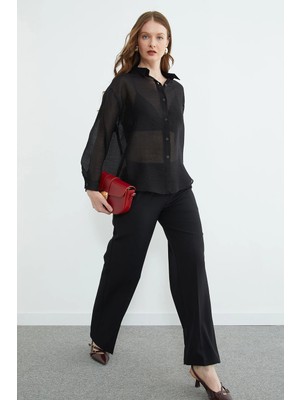 FullaModa Jakarlı Düğmeli Transparan Gömlek