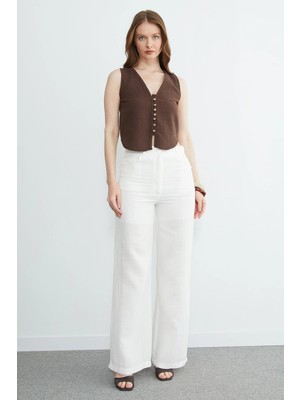 FullaModa Yüksek Bel Fermuarlı Müslin Kumaş Pantolon