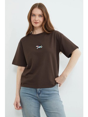 FullaModa Köpek Nakışlı Bisiklet Yaka Salaş Tişört