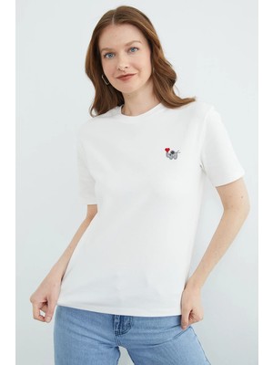 FullaModa Fil Nakışlı Bisiklet Yaka Tişört