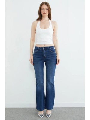 FullaModa Yüksek Bel Fermuarlı Flare Jean