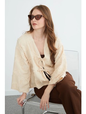FullaModa Püsküllü Önü Bağlamalı Salaş Kimono