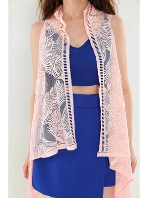 Colezium Pareo Dantel Yelek Mayo Bikini Üzeri Yaprak Desenli Püsküllü Plaj Elbisesi - Açık Pembe