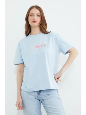 FullaModa Baskılı Bisiklet Yaka Salaş Tişört