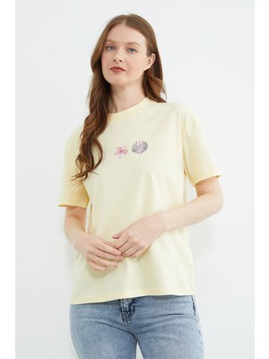 FullaModa Baskılı Bisiklet Yaka Salaş Tişört