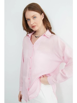 FullaModa Çizgili Jakarlı Salaş Gömlek