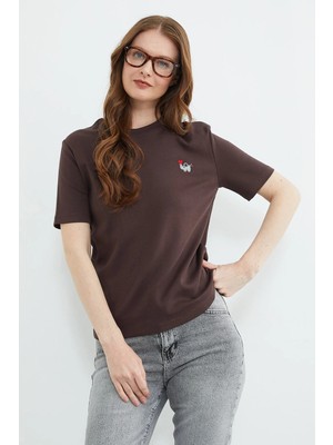 FullaModa Fil Nakışlı Bisiklet Yaka Tişört