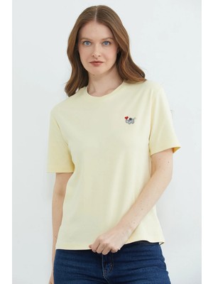 FullaModa Fil Nakışlı Bisiklet Yaka Tişört