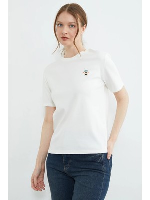 FullaModa Köpek Nakışlı Bisiklet Yaka Tişört