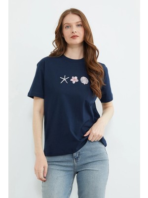 FullaModa Baskılı Bisiklet Yaka Salaş Tişört