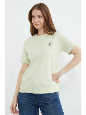 FullaModa Köpek Nakışlı Bisiklet Yaka Tişört