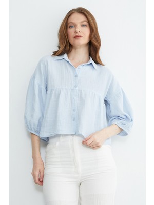 FullaModa Balon Kol Salaş Müslin Kumaş Gömlek