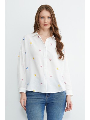 FullaModa Fiyonk Nakışlı Oversize Gömlek