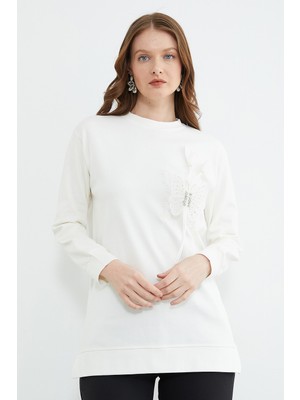 FullaModa Kelebek Nakışlı Taşlı Bisiklet Yaka Tunik