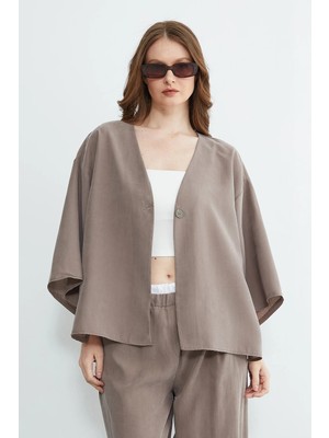 FullaModa Tek Düğmeli Tencel Kumaş Oversize Ceket