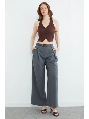 FullaModa Beli Kemerli Pileli Yüksek Bel Pantolon