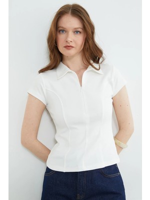 FullaModa Basic Yarım Fermuarlı Polo Yaka Slim Fit Tişört