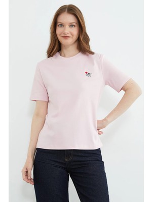 FullaModa Fil Nakışlı Bisiklet Yaka Tişört