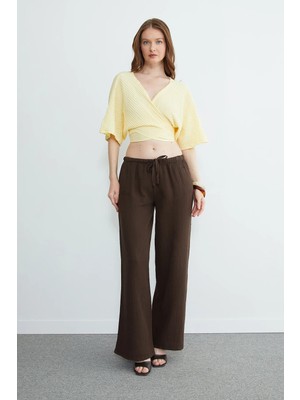 FullaModa Beli Bağlamalı Müslin Kumaş Palazzo Pantolon