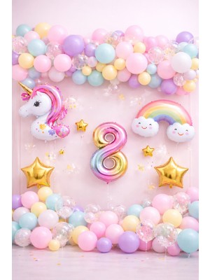 Bkmc Party Unicorn Gökkuşağı Pastel Doğum Günü Balon Seti Zincir Yaş Balonlu Parti Süsleme Seti Süsü