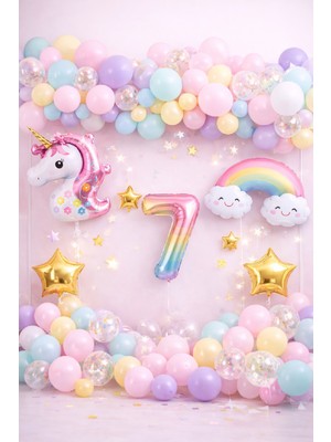 Bkmc Party Unicorn Gökkuşağı Pastel Doğum Günü Balon Seti Zincir Yaş Balonlu Parti Süsleme Seti Süsü