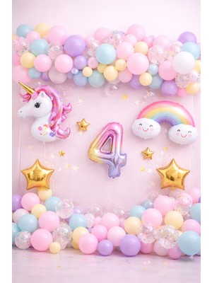 Bkmc Party Unicorn Gökkuşağı Pastel Doğum Günü Balon Seti Zincir Yaş Balonlu Parti Süsleme Seti Süsü