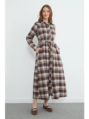 FullaModa Fullamodest Ekose Desenli Düğmeli Elbise