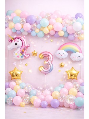 Bkmc Party Unicorn Gökkuşağı Pastel Doğum Günü Balon Seti Zincir Yaş Balonlu Parti Süsleme Seti Süsü