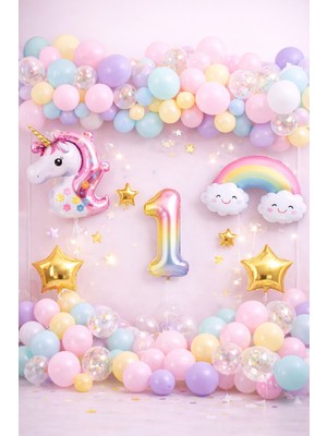 Bkmc Party Unicorn Gökkuşağı Pastel Doğum Günü Balon Seti Zincir Yaş Balonlu Parti Süsleme Seti Süsü