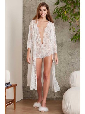 Pierre Cardin Şifon Ekru Dantelli Tulum ve Sabahlık Takımı 4810