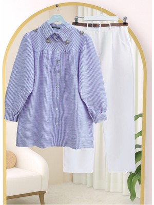 Modamorfo Üstü Taş ve Boncuk Detaylı Çizgili Gömlek -Lila