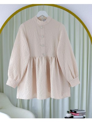 Modamorfo Önü Taşlı Düğme Detaylı Parçalı Arkası Fermuarlı Tunik -Bej