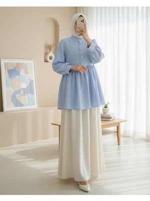 Moda Morfo Önü Taşlı Düğme Detaylı Parçalı Arkası Fermuarlı Tunik -Bebe Mavi