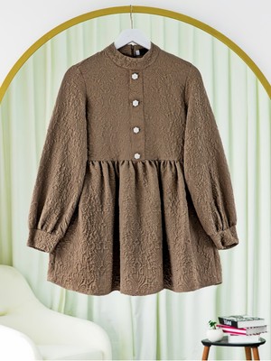 Modamorfo Önü Taşlı Düğme Detaylı Parçalı Arkası Fermuarlı Tunik -Açık Kahve