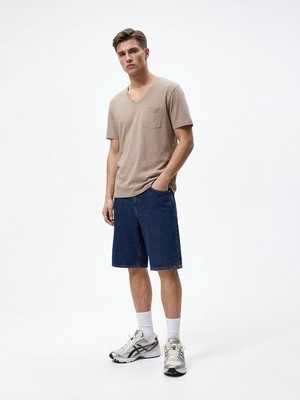 LTB Kesik Geniş Yaka Cepli Kahverengi T-Shırt