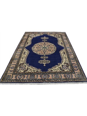 Zehra Abla Halı El Dokuma 7m2 Emsalsiz Sini Göbekli Lacivert Yün Salon Halısı 7137