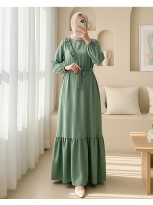 Modamorfo Fırfır Taş Detaylı Parça Eteklii Kemerli Ayrobin Elbise   -Haki