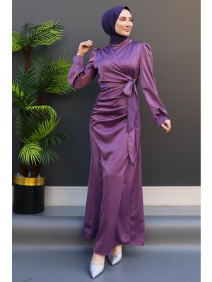 Giza Store Saten Yan Kuşaklı Elbise Lila