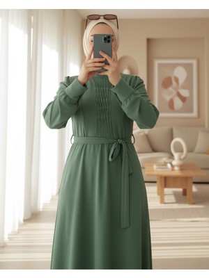 Modamorfo Çıma Detaylı Kemerli Ayrobin Elbise    -Haki