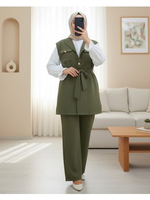 Modamorfo Sıfır Kol Önü Düğmeli Beli Kemerli Üçlü Takım  -Haki