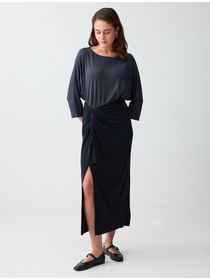 Jimmy Key Siyah Normal Bel Yırtmaç Detaylı Modal Örme Midi Etek